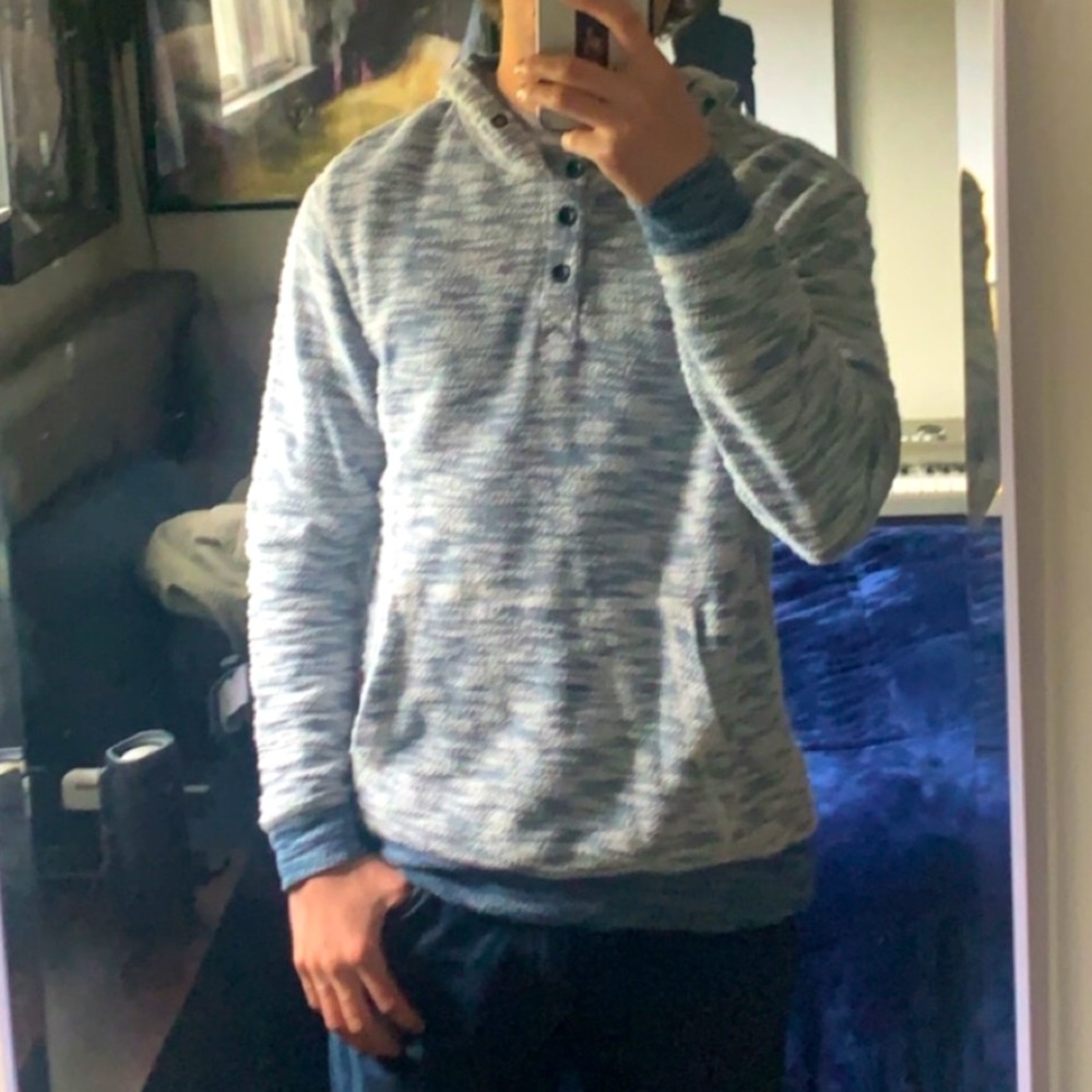 grey and blue soft sweater